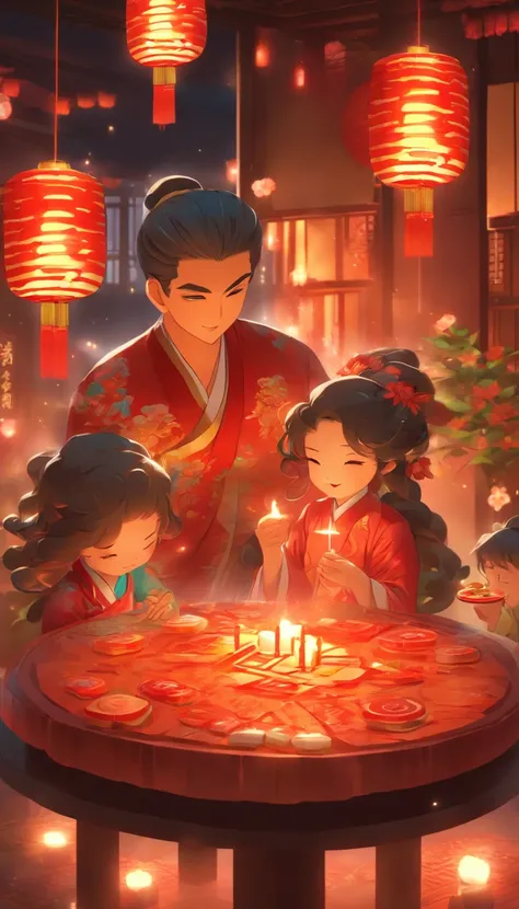 A family of three eating mooncakes，Happy expressions of parents and children，There are mooncakes on the table, Food in hand, The...