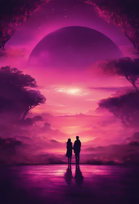 Cielo Profundo, Colores Morados de fondo, Ambiente Mistico, Romantic atmosphere, 2 Personas irradiando luz,besandose y desprendi...