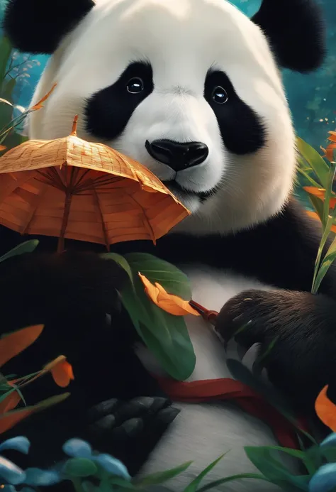 Um panda bonito, Use um moletom，With a hat on, fantasia, Emphasis Lighting, Cor Espectral, Anime peito grande, com fones de ouvi...