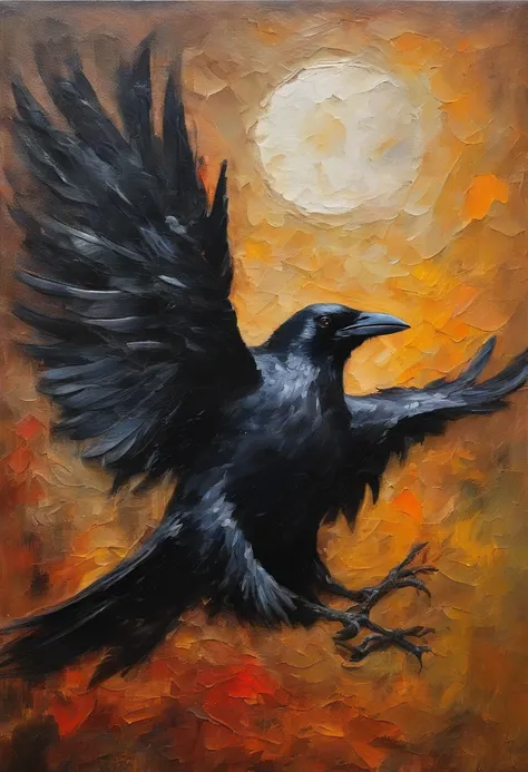 Crow flying through the air, with a glue moon in the background, thick strokes, palette knife,  impasto, Albrecht Dürer, Rembran...