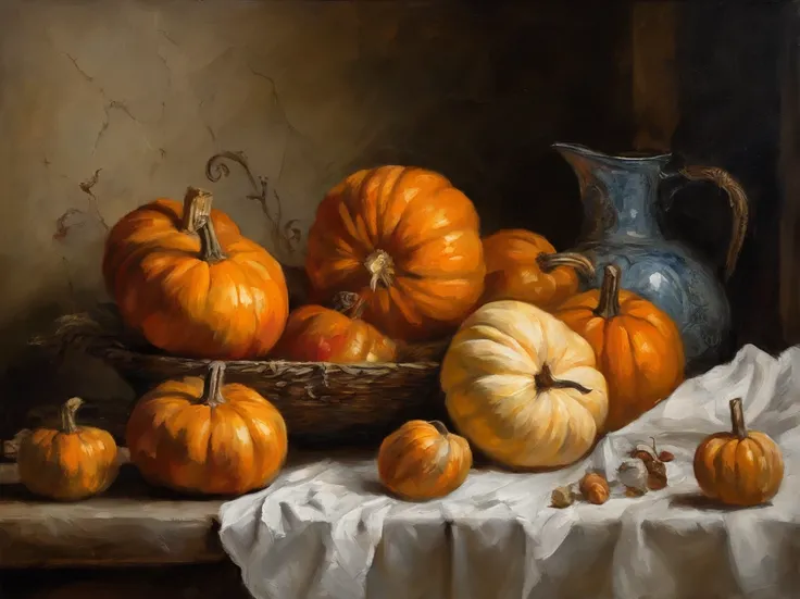 oil painting, (Golden ratio) heavy brushstrokes, Pallette knife, paint drips, A scene of pumpkins, half a sliced pumpkin sitting...