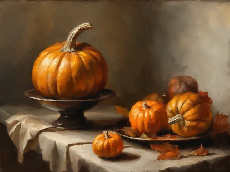 oil painting, (Golden ratio) heavy brushstrokes, Pallette knife, paint drips, A scene of pumpkins, half a sliced pumpkin sitting...