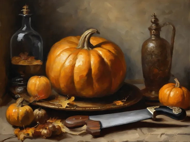 oil painting, (Golden ratio) heavy brushstrokes, Pallette knife, paint drips, A scene of a kitchen, with staff preparing pumpkin...