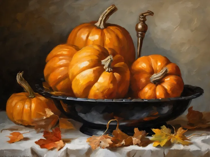 oil painting, (Golden ratio) heavy brushstrokes, Pallette knife style, paint drips, A scene of pumpkins being prepared in a kitc...