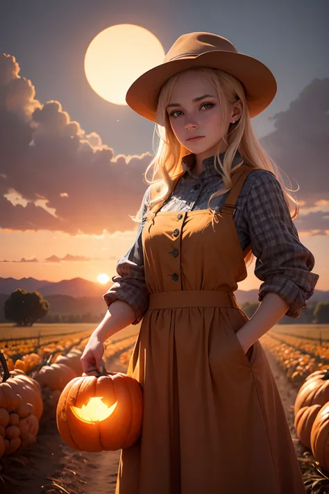 In the setting sun，A plainly dressed farmer toire in a pumpkin field，8k，cartoonish style