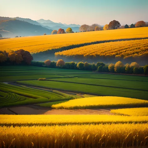 On the fields of the autumn harvest，The golden rice paddies are undulating like an ocean，The wheat is rolling。In the orchard，App...