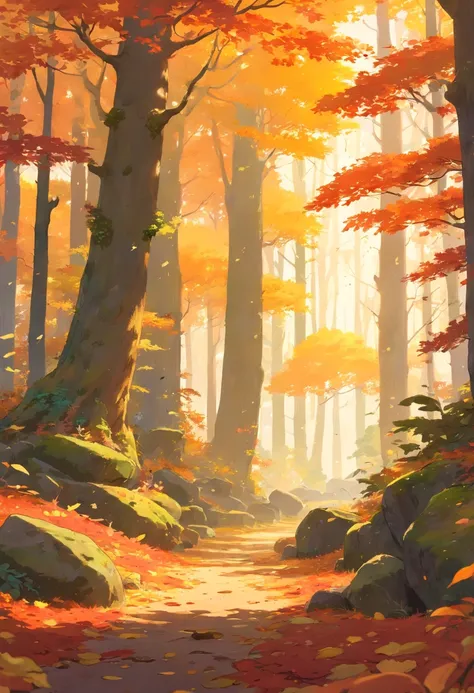 Best quality,Ultra-detailed,Realistic,landscape,Autumn,Beautiful warm colors,Sunlight shines through the trees,vibrant foliage,T...