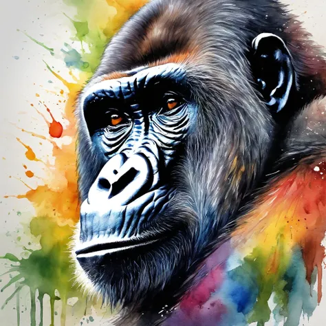 Picture of a gorilla face, rainbow colours, vibrant, spectacular