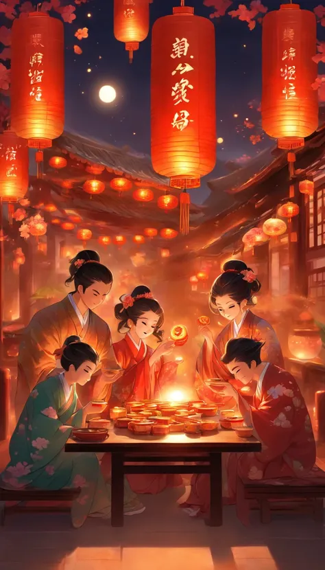 A family eats mooncakes，There are mooncakes on the table, Food in hand, tea drinking and paper lanterns, Bright moon,Chinese sty...