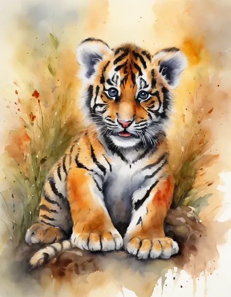 a sence of awe and wonder, a small tiger cub yawning, mouth wide open , teary eyes, beautiful nature , warm colors, magical , bu...