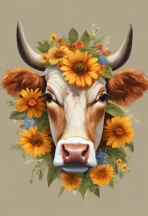 There is a picture of a cow with a flower crown on its head, bull, flower child, Made of wildflowers, , Corolla, cow, Portrait o...