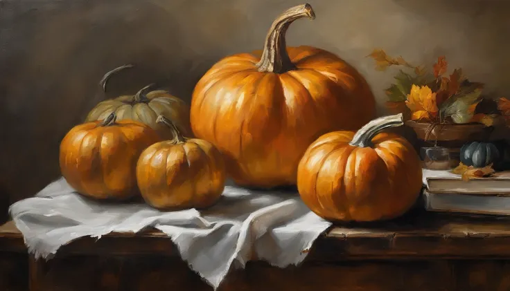 oil painting, (Golden ratio) heavy brushstrokes, Pallette knife, paint drips, A scene of pumpkins, half a sliced pumpkin sitting...