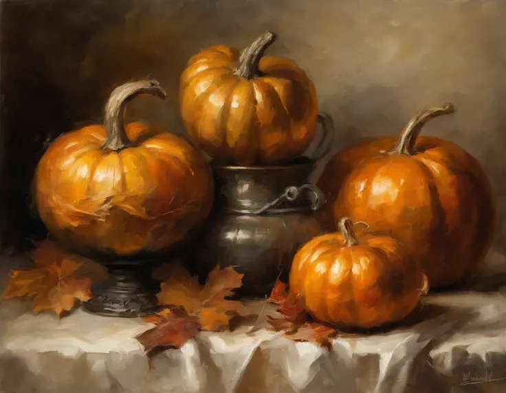 oil painting, (Golden ratio) heavy brushstrokes, Pallette knife, paint drips, A scene of evil halloween pumpkins, sitting in a v...