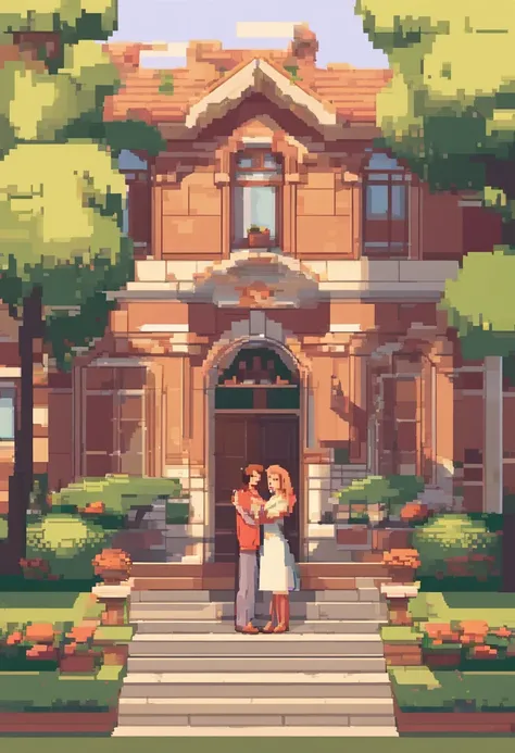 An image of Sarah and David, a young, loving couple, smiling broadly as they hold hands, in front of a beautiful country house. ...