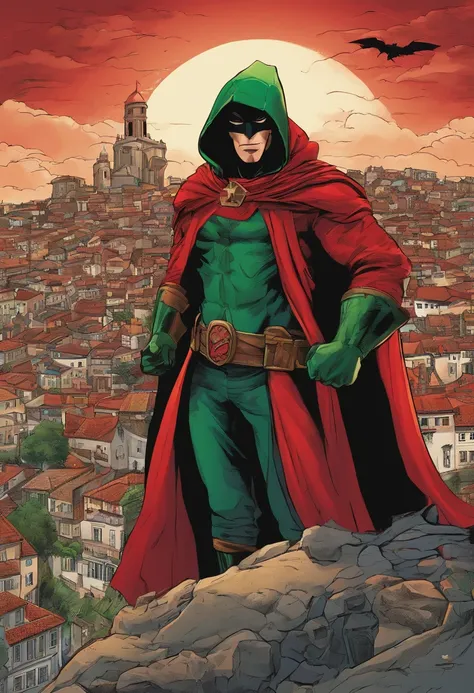 An highly detailed image of a Portuguese superhero dressed in a dark red and dark green armor suit, with a black cape and hood c...