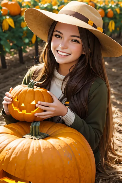 an north american young woman with brown long hair with her yellow labrador sharing smiles and laughter in the pumpkin patch.