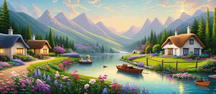 painting of a cottage, flowers beside of fence, fence along the road,  mountain landscape with a lake and a boat, illustration m...