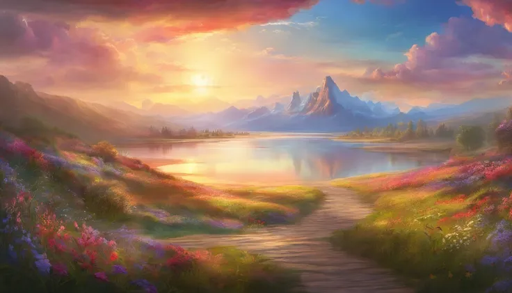 lake,  the beach, grass field, Wildflowers, A desert, Snowy mountains in the distance, sea of clouds,  Big stretching clouds, Su...