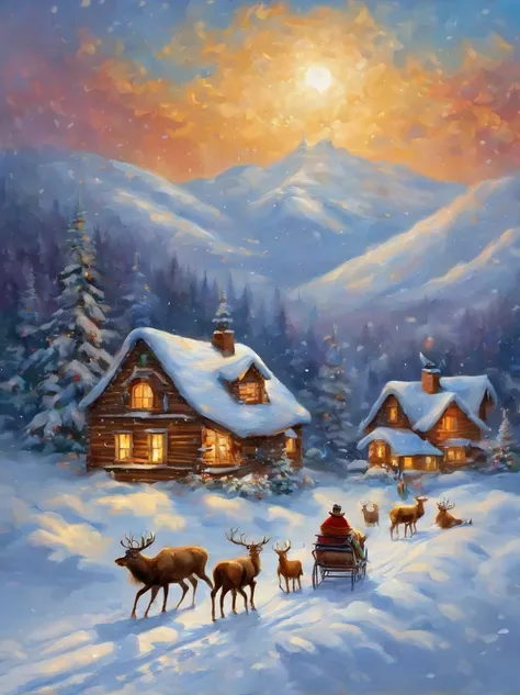 snow landscape，snow covered，Santa Claus sits on a sleigh pulled by an elk，Fly through the sky，yukito，Snow-covered house, It was ...