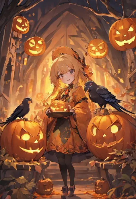 Best Quality,4K,8K,hight resolution, jack-o-lanterns、Cockatiels and jack-o-lanterns in a spooky Halloween garden, Cockatiels wea...
