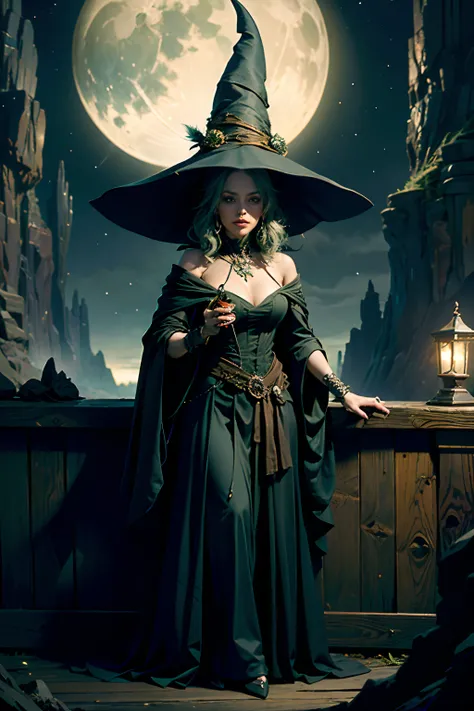 A woman who is an ugly old green witch, with dark robe and pointy hat, standing behind a table, mixing a deadly potion, backgrou...