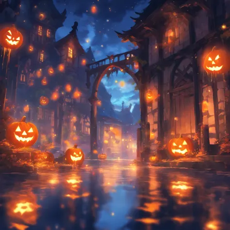 Halloween Floating Lights, Cinematic light and reflection, glowing lights, Intermediate metaverse elements，Digital Painting, Glo...