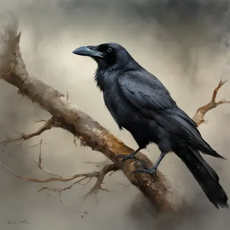 A crow in a dead tree, The crow is rich in detail and realistic，Em Forma de sombra de um caminhante, Noite estrelada, Thick fog ...