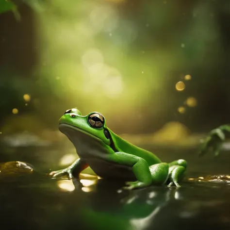 A hyper-realistic depiction of a frog in mid-leap, captured in a moment of pure grace and agility. The frogs body is rendered wi...