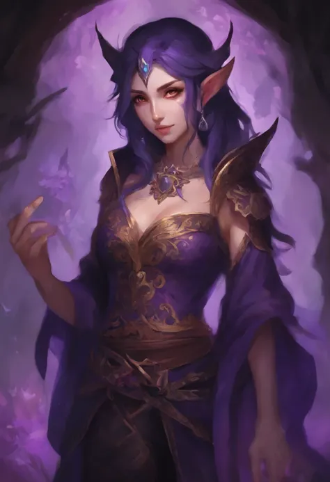 female, drow, sorcerer, young, innocent looking, brown eyes, black hair, dark purple skin, pointed ears, highest image quality, ...