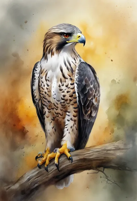 painting of a hawk with a red - tailed tail and yellow eyes, masterful detailed watercolor, watercolor painting style, beautiful...