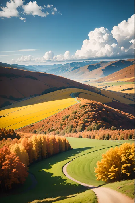 a photographic quality aerial view of a country landscape with sweet hills lit by sunrise light. Its autumn and many trees have ...