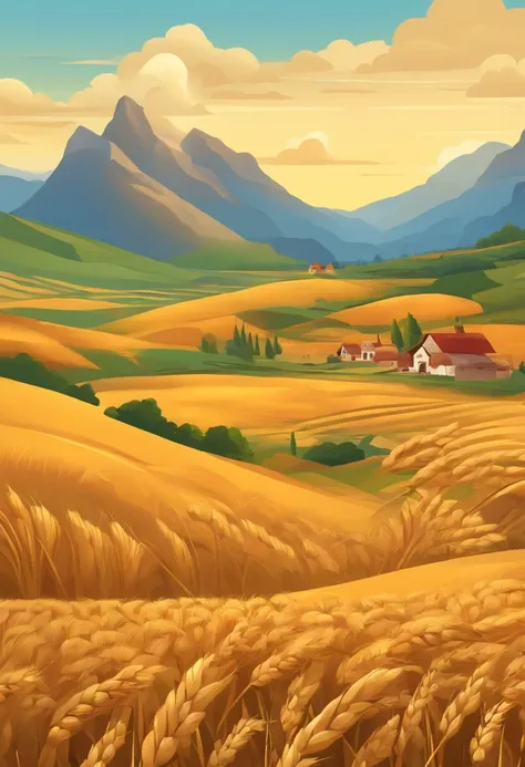 golden wheat fields，Harvest of wheat，Toil farmers，mountain peaks，rios，Village, Reap theme，colorfull background, Cartoon style, D...