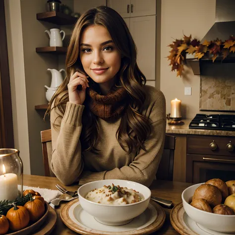 Generate heartwarming photographs of Autumn at her parents house, celebrating Canadian Thanksgiving Dinner. Autumn, in her mid-2...