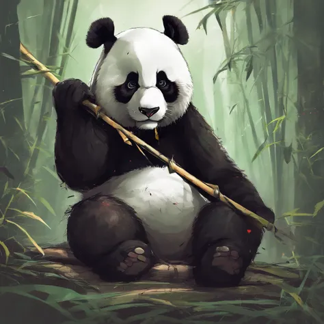 Panda holds up bamboo embroidery in filthy environment，His eyes were glowing red with anger,fighting poses