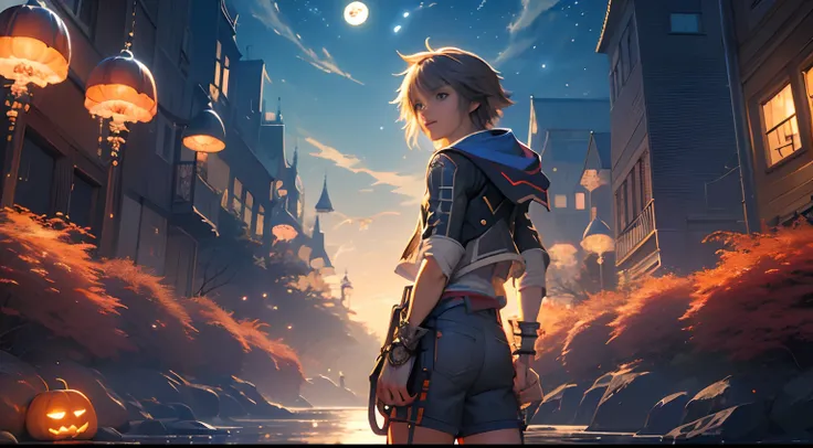 masculine, (masterpiece, best quality:1.2), cowboy shot, solo, male focus, 1boy, sora (kingdom hearts), smile, looking at viewer...