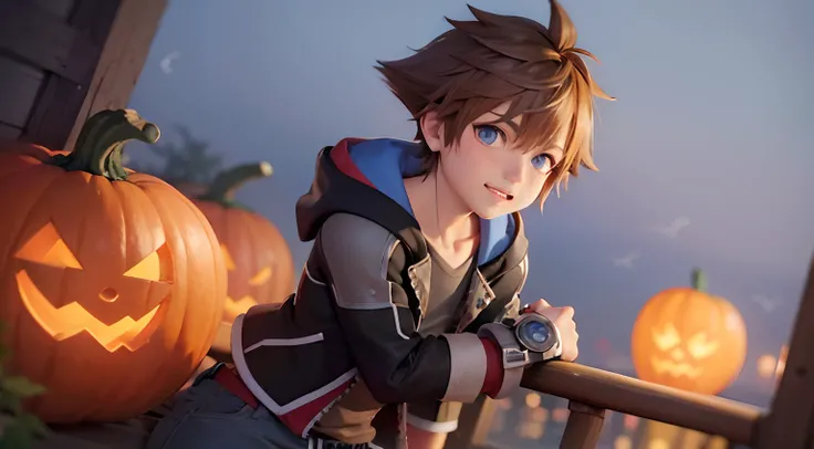 (master part, best quality:1.2), cowboy shot, sozinho, Foco masculino, 1st grade, Sora (kingdom hearts), serious, intense, Olhan...
