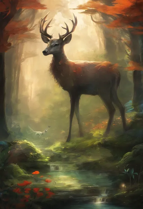 （Enchanted Forest 7，Magical creatures，（glowing mushrooms），sparkling waterfalls，fantasy，Leonora Carrington，a fantasy forest，Hazy ...