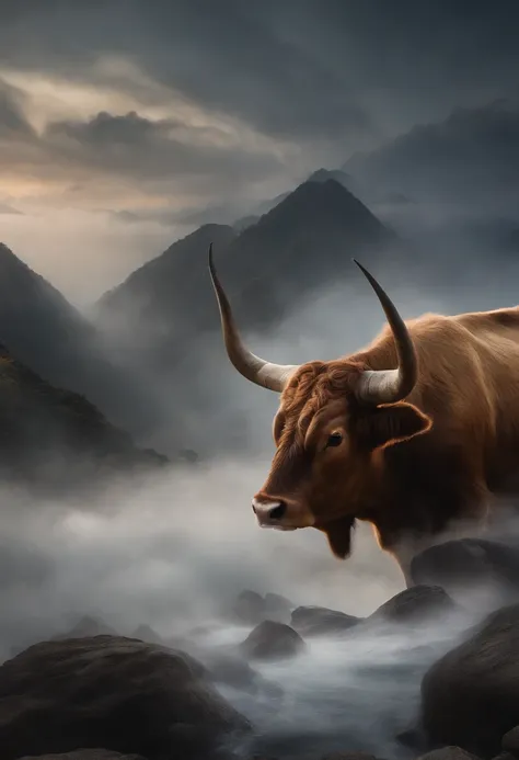 Chinese mythology，Mountain and Sea Sutra，cow head，（（（One-legged））），（（Spit fire in the mouth）），moor，tmasterpiece，Best picture qua...