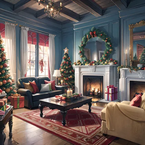 ((Traditional)), ((greeting card)), ((best quality)), a beautiful Christmas greeting card featuring a cozy indoor scene with can...