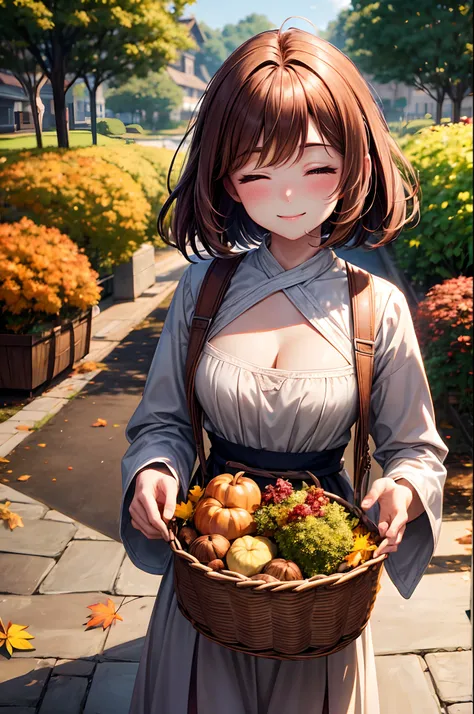 bob cuts, Floating hair, Brown hair, Light blush, leaves changing color, Smile, one eye closed, Autumn clothes, a lot of chestnu...