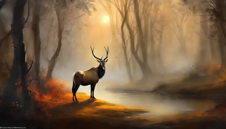 "((masterpiece)) gemsbok in the ((foggy)) ,((magical dark forest :1.2))at late dusk time, with ((strong dark shadows recommended...