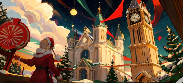 Close-up of Christmas scene with clock tower, amazing wallpapers, town background, author：Mykola Bratzek, background artwork, Ch...