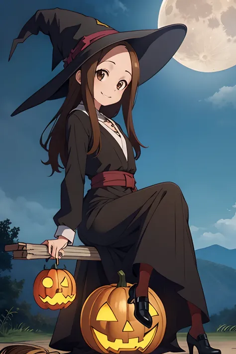 (Realistic),(Photorealistic),Takagi_San, 1girl in, Long hair,((Witchs attire)), Black pointy hat，Brown hair, Part bangs, Brown e...