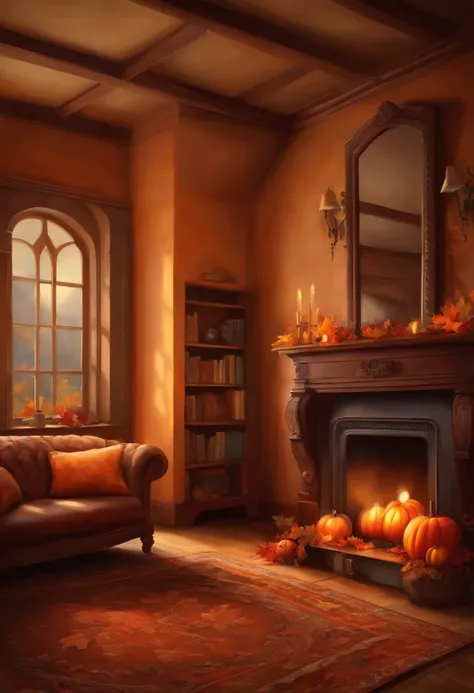 Oil painting of cozy scene in fireplace, bookcase, and a cup of hot chocolate, There are several autumn leaves and one pumpkin o...
