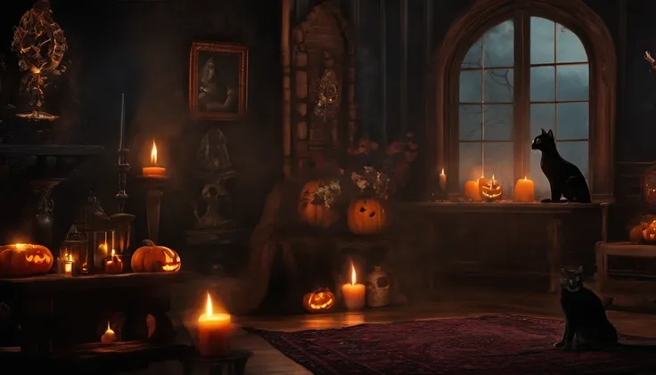 Pintar Halloween varias Brujas cenando dentro de una casa oscura llena de calaveras y gatos. Wall Art Design. Dark Gothic and Vi...