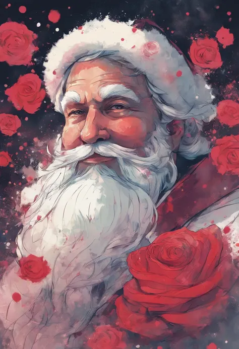 close up photo of santa Claus ,watrcolor style, (rose behind) digital art, official art, blown by the wind, masterpiece, handsom...