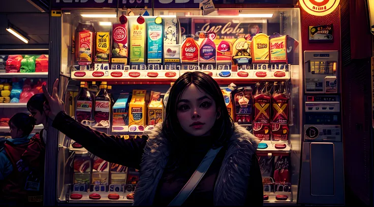 araffe vending machine with a seductive woman standing in front of it, lofi girl, stood in a supermarket, in a mall, super vibra...
