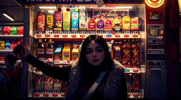 araffe vending machine with a seductive woman standing in front of it, lofi girl, stood in a supermarket, in a mall, super vibra...