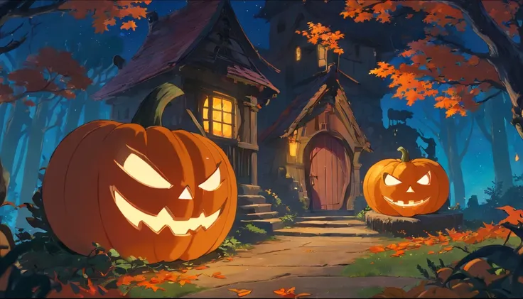 (close-up, detailed, vibrant) jack-o-lantern, (whimsical, enchanted, magical) witchs house, (detailed, mysterious) eyes in the d...