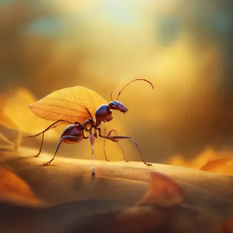 An ant stands on a golden leaf floating in the air